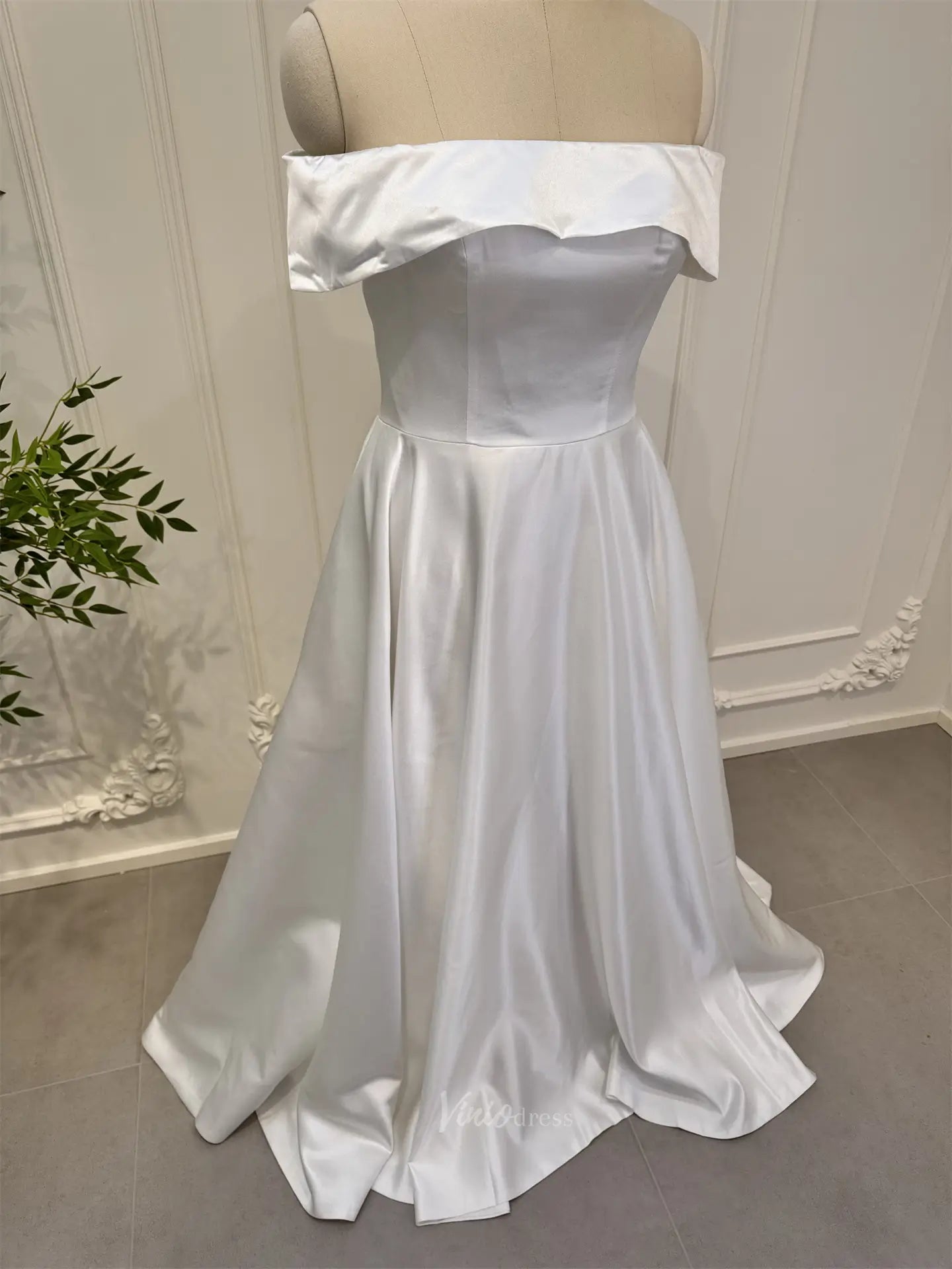 wedding dresses 2025-to impress Size 14 Simple Satin Wedding Dress Off the Shoulder CL020-plus size wedding dresses Viniodress-Ivory-US14-