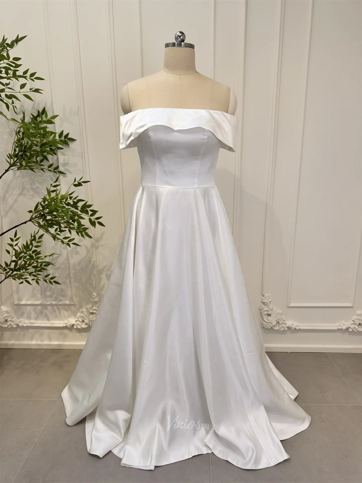 wedding dresses 2025-to impress Size 14 Simple Satin Wedding Dress Off the Shoulder CL020-plus size wedding dresses Viniodress-Ivory-US14-