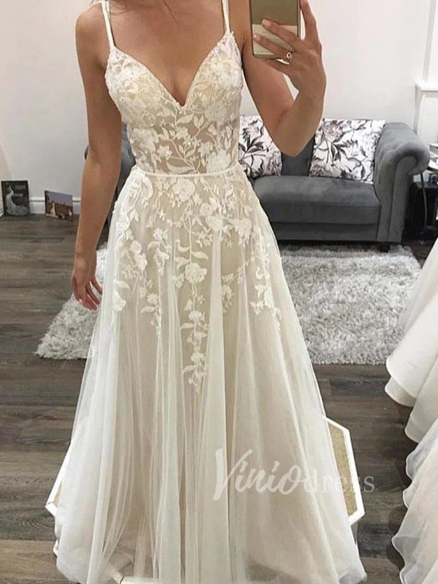 Spaghetti Strap Lace Beach Wedding Dresses Champagne VW1196-wedding dresses-Viniodress-As Picture-Custom Size-Viniodress