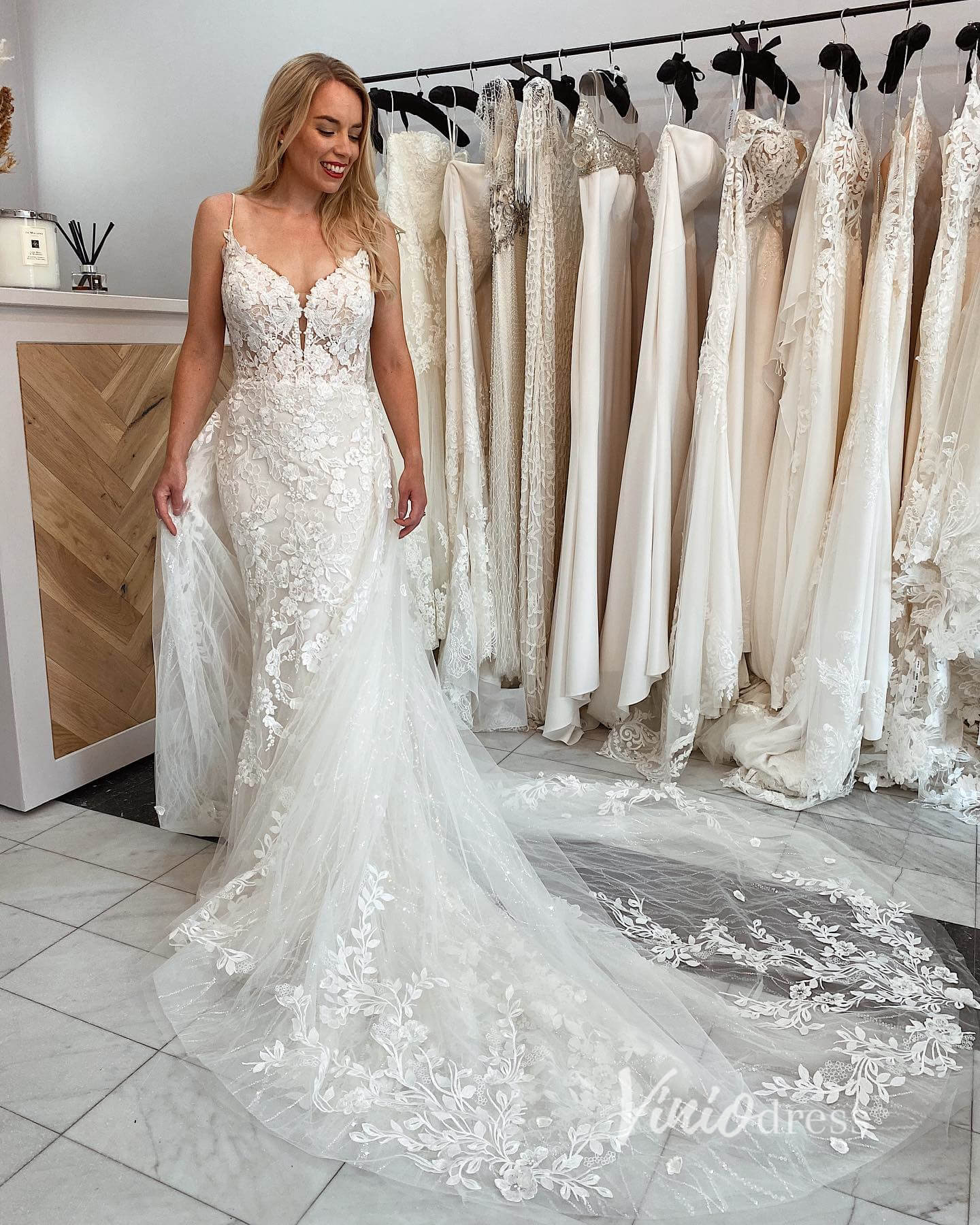 Spaghetti Strap Lace Mermaid Wedding Dress with Detachable Overskirt VW2151-wedding dresses-Viniodress-Ivory-Custom Size-Viniodress