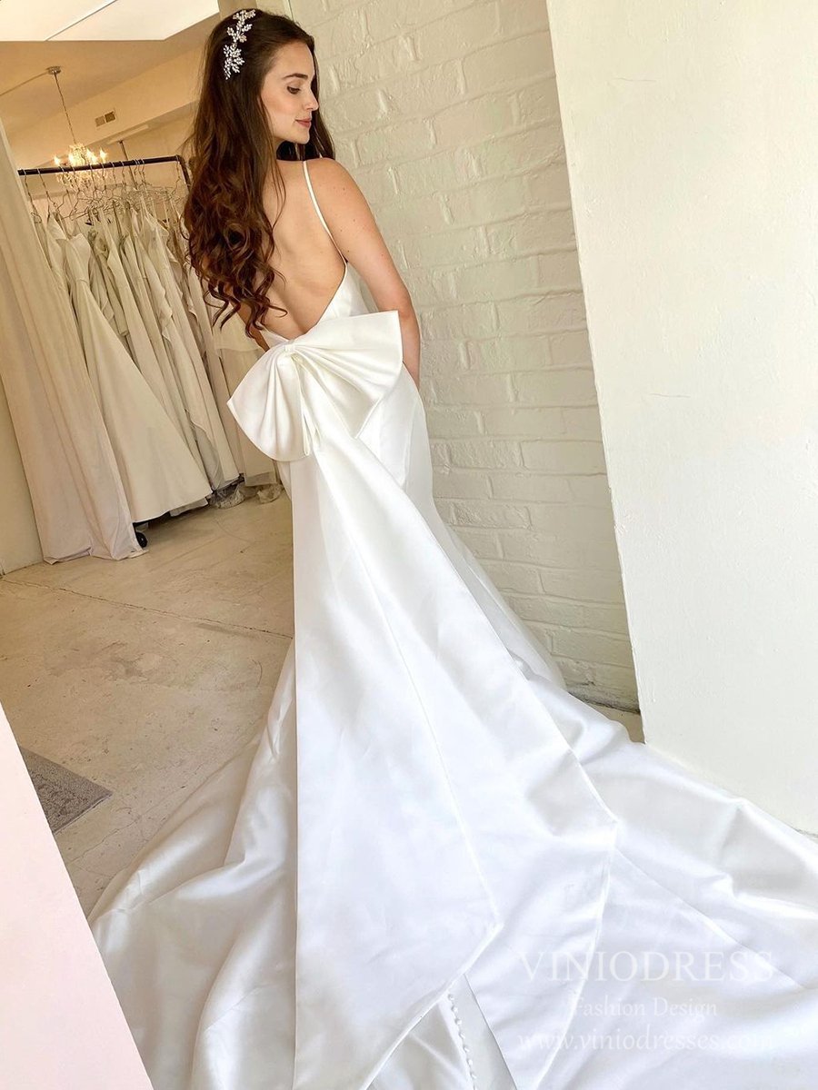 Spaghetti Strap Satin Mermaid Wedding Dresses with Big Bow VW1872B-wedding dresses-Viniodress-Ivory-Custom Size-Viniodress