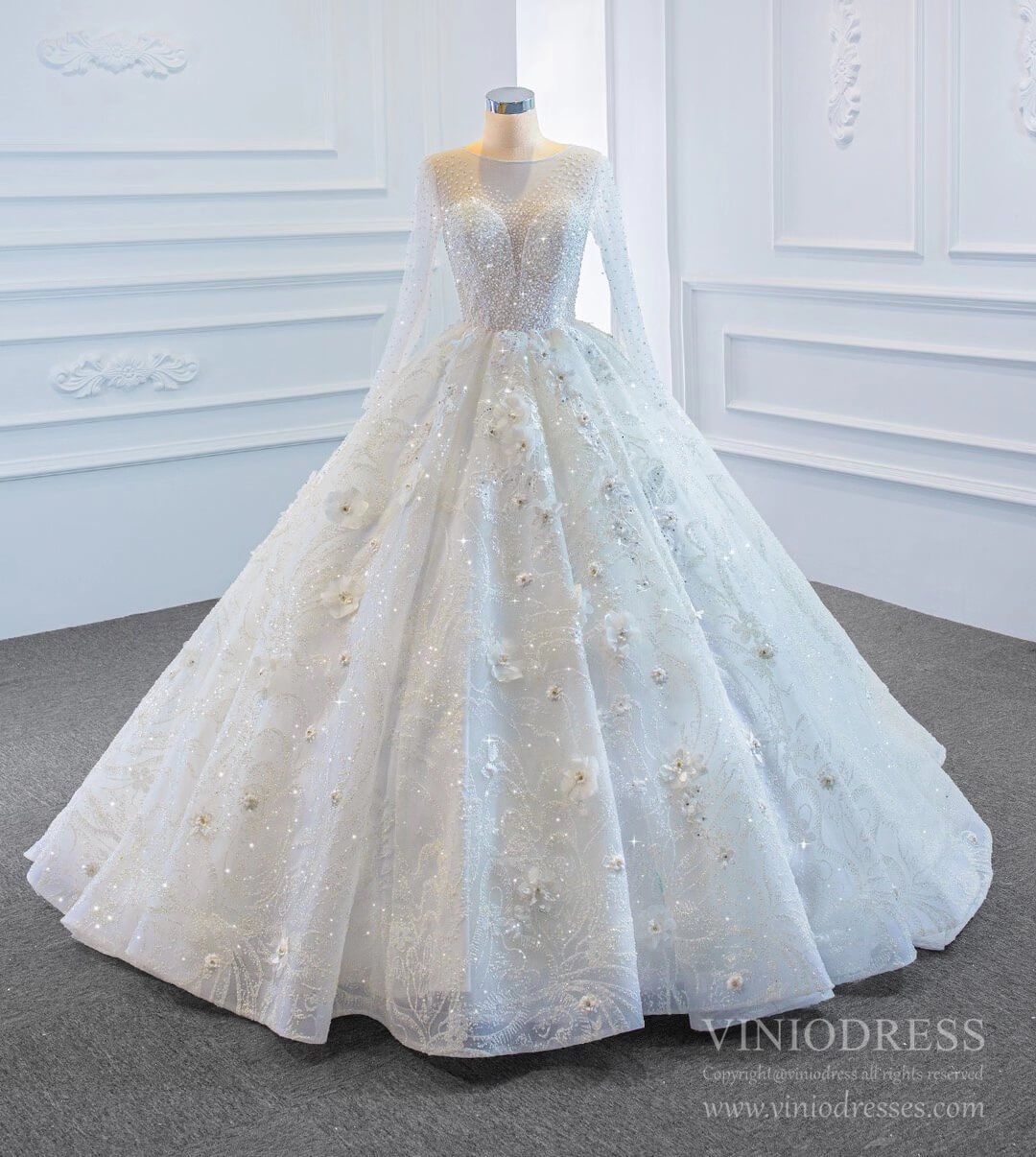 Sparkly 3D Flower Princess Wedding Dresses with Sleeves 67183-wedding dresses-Viniodress-Viniodress