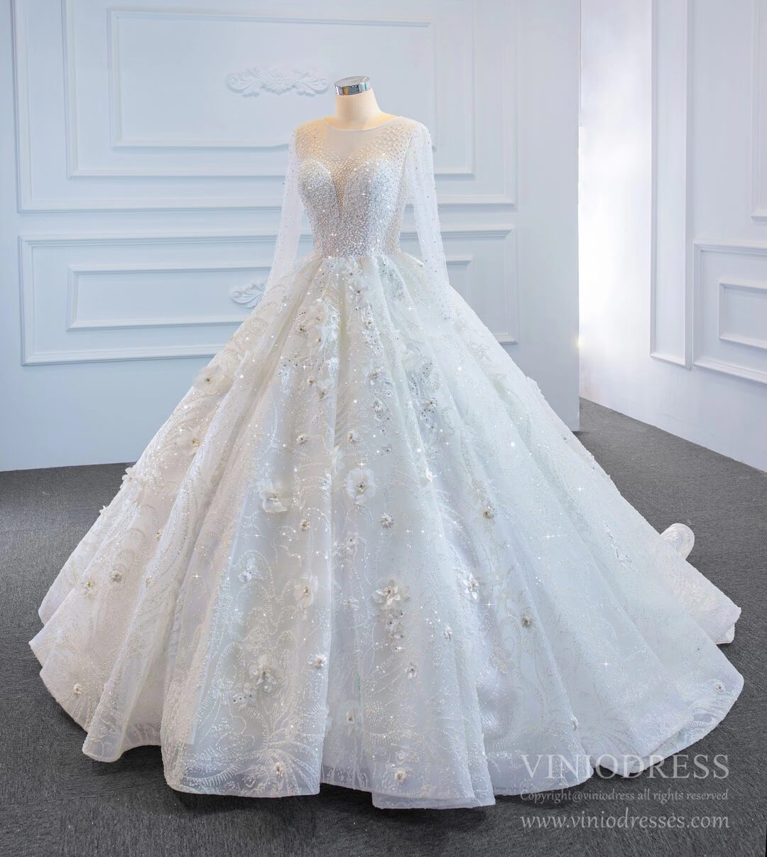 Sparkly 3D Flower Princess Wedding Dresses with Sleeves 67183-wedding dresses-Viniodress-Viniodress