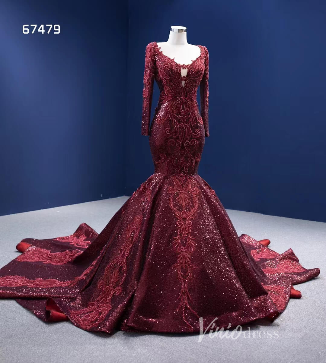 Prom Dress 2025 Sparkly Burgundy Mermaid Wedding Dresses with Long Sleeves 67479 viniodress-unique wedding dresses-Burgundy-Custom Size-Viniodress