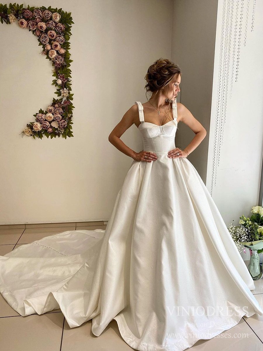 Sparkly Satin Wedding Dresses Broad Strap Cathedral Wedding Gown VW1834-wedding dresses-Viniodress-Viniodress