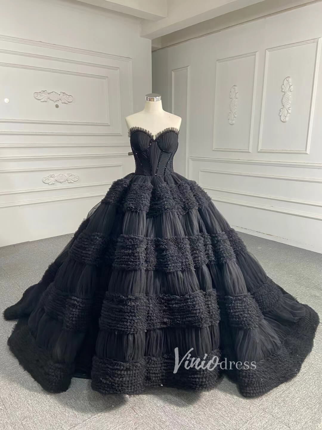 Prom Dress 2025 Strapless Celebrity Dress Tulle Sweet 16 Ball Gown Wedding Dresses 67372-unique wedding dresses-Black-Custom Size-Viniodress