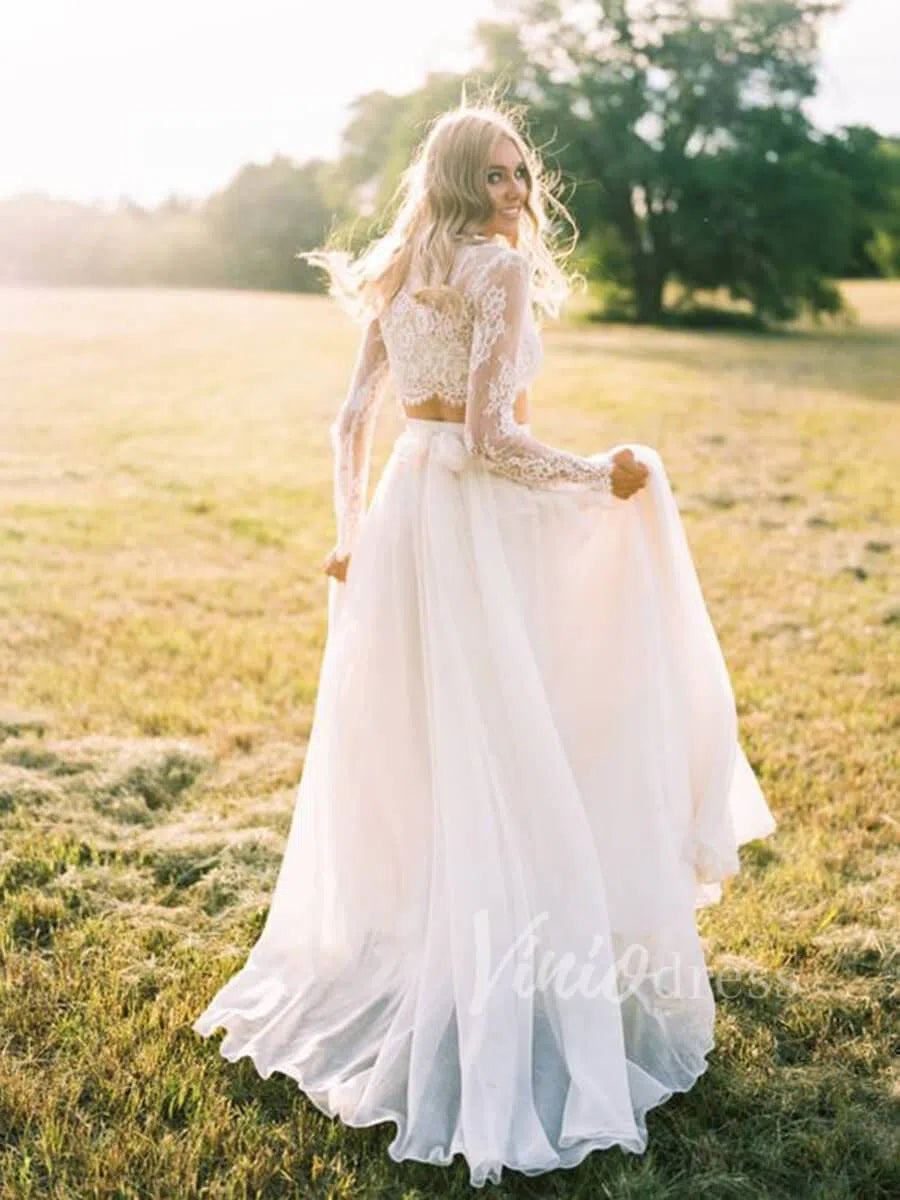 Two Piece Chiffon Country Wedding Dresses with Long Sleeves VW1250-wedding dresses-Viniodress-Viniodress