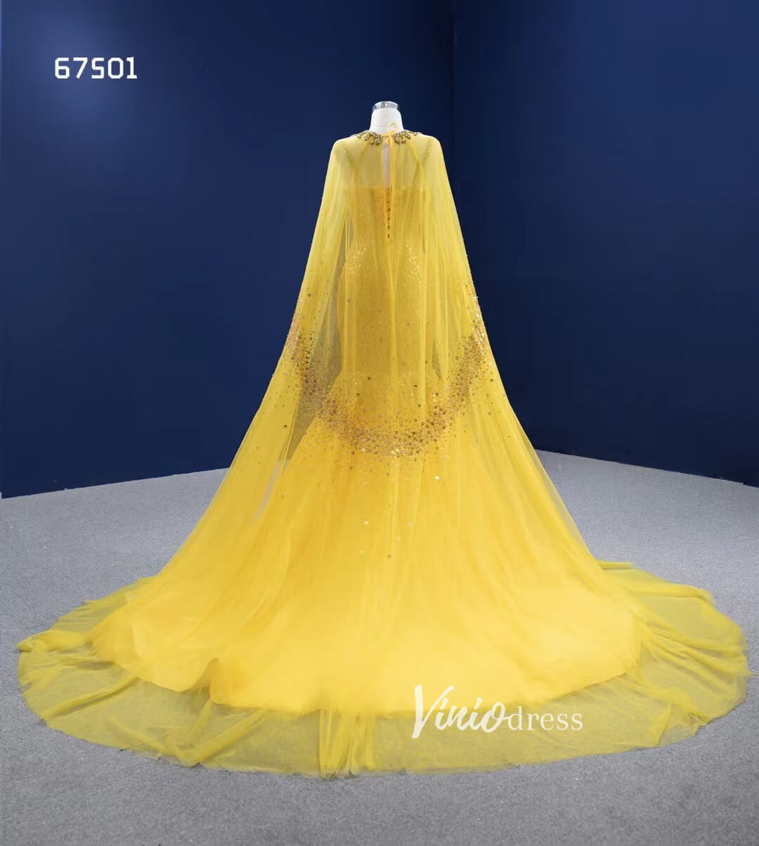 Prom Dress 2025 Vintage Bright Gold Mermaid Wedding Dresses with Cape 67501-unique wedding dresses-Gold-Custom Size-Viniodress