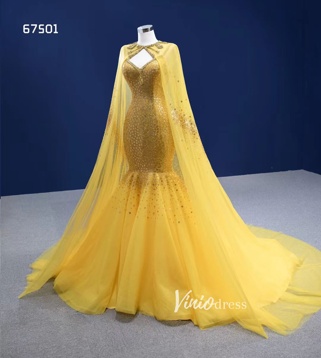 Prom Dress 2025 Vintage Bright Gold Mermaid Wedding Dresses with Cape 67501-unique wedding dresses-Gold-Custom Size-Viniodress