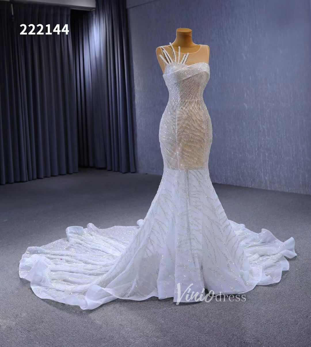 White Mermaid Wedding Dress Beaded Sheer Bridal Gown 222144-wedding dresses-Viniodress-Viniodress