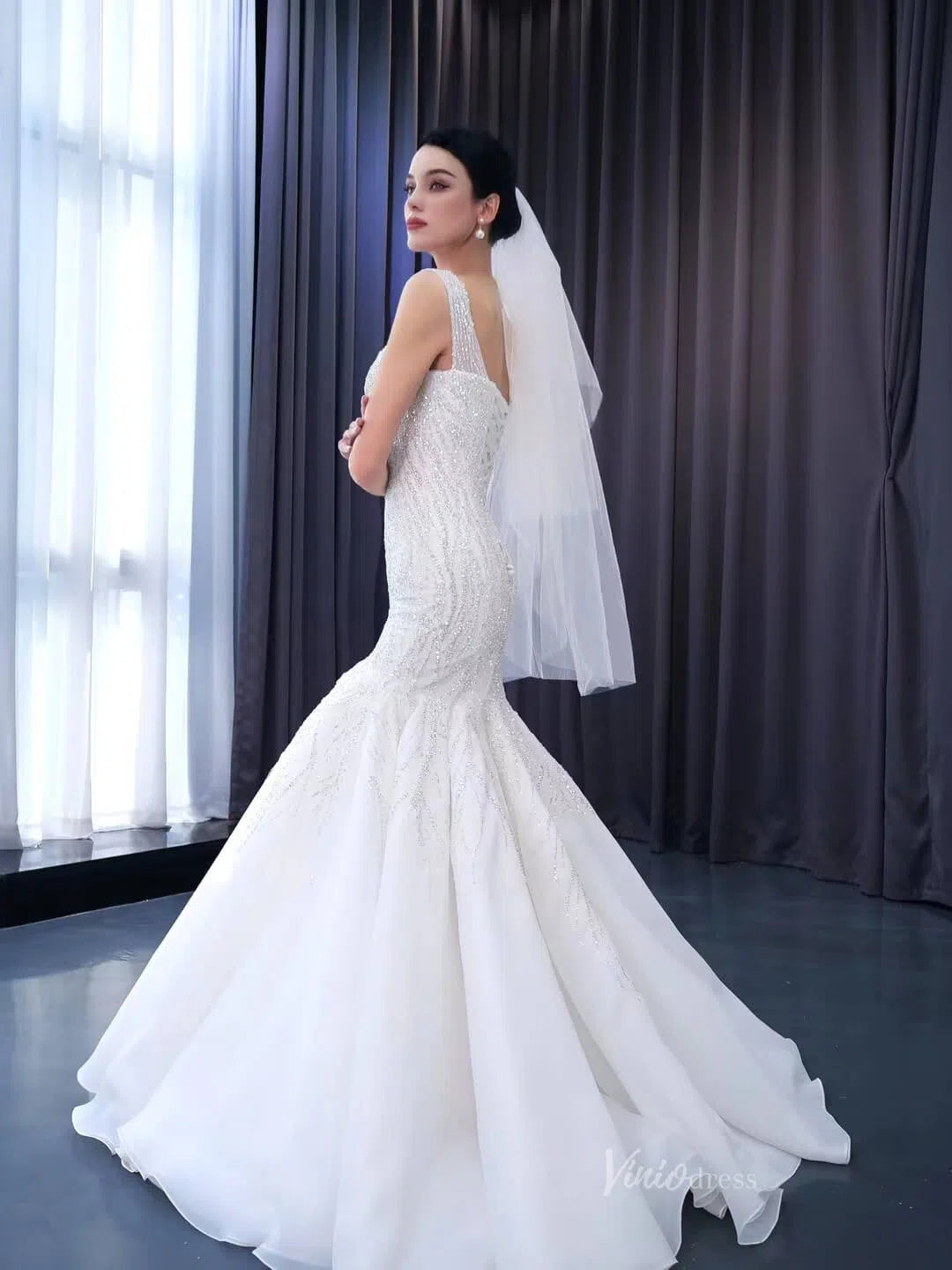 White Mermaid Wedding Dress V-neck Beaded Trumpet Bridal Gown 222148-wedding dresses-Viniodress-Viniodress