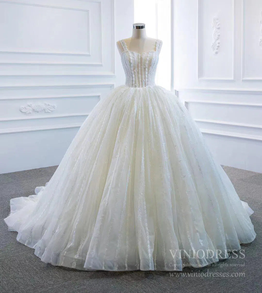 Wide Strap Beaded Ball Gown Lace Wedding Dresses VW1463-wedding dresses-Viniodress-Viniodress