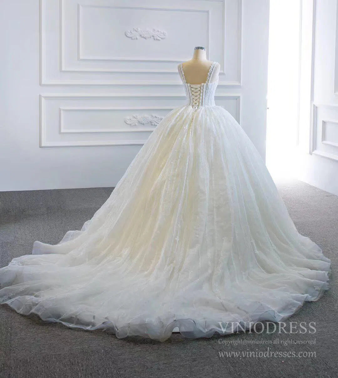 Wide Strap Beaded Ball Gown Lace Wedding Dresses VW1463-wedding dresses-Viniodress-Viniodress