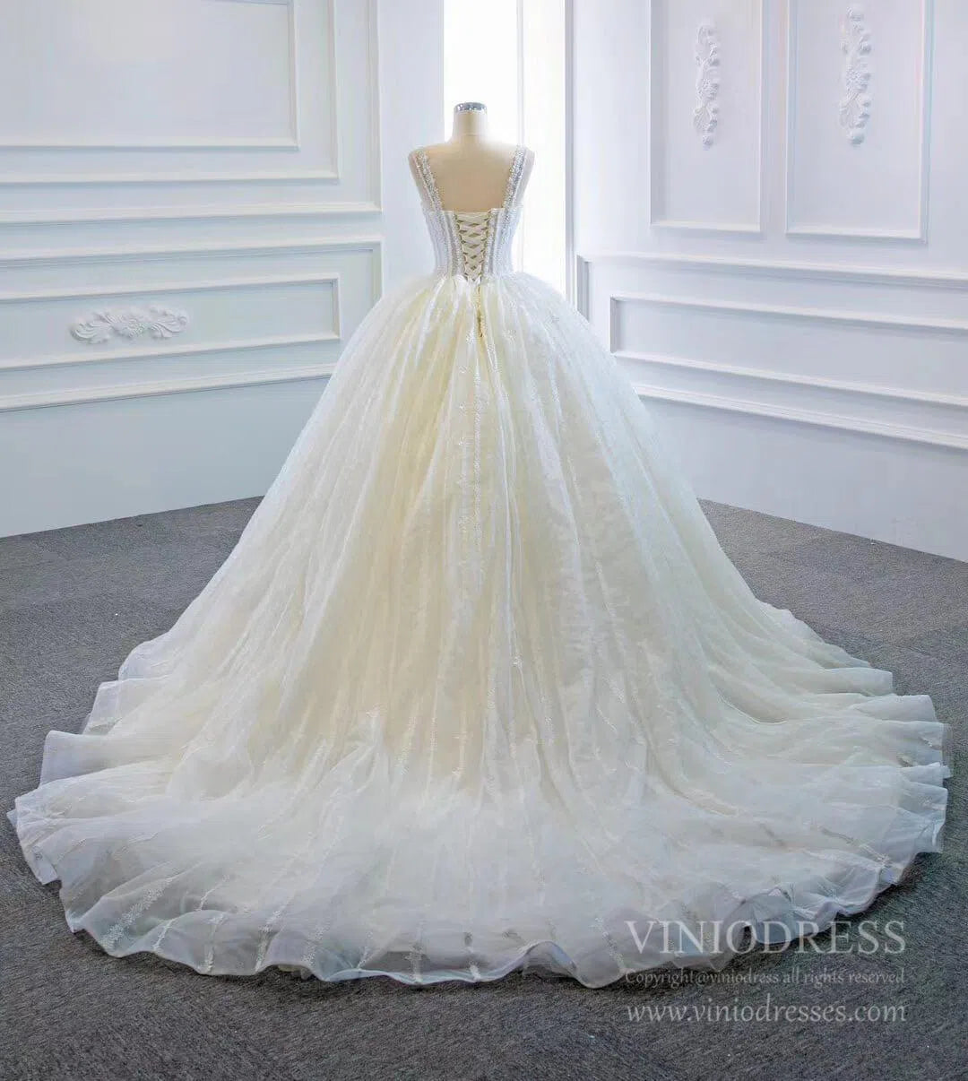 Wide Strap Beaded Ball Gown Lace Wedding Dresses VW1463-wedding dresses-Viniodress-Viniodress