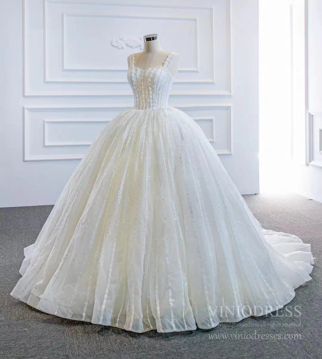 Wide Strap Beaded Ball Gown Lace Wedding Dresses VW1463-wedding dresses-Viniodress-Viniodress