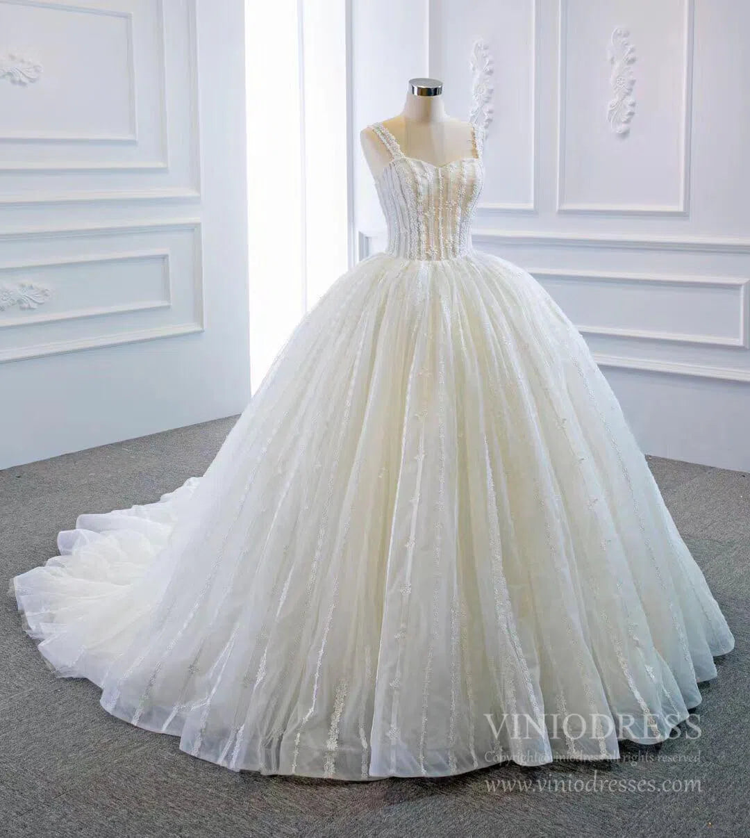 Wide Strap Beaded Ball Gown Lace Wedding Dresses VW1463-wedding dresses-Viniodress-Viniodress