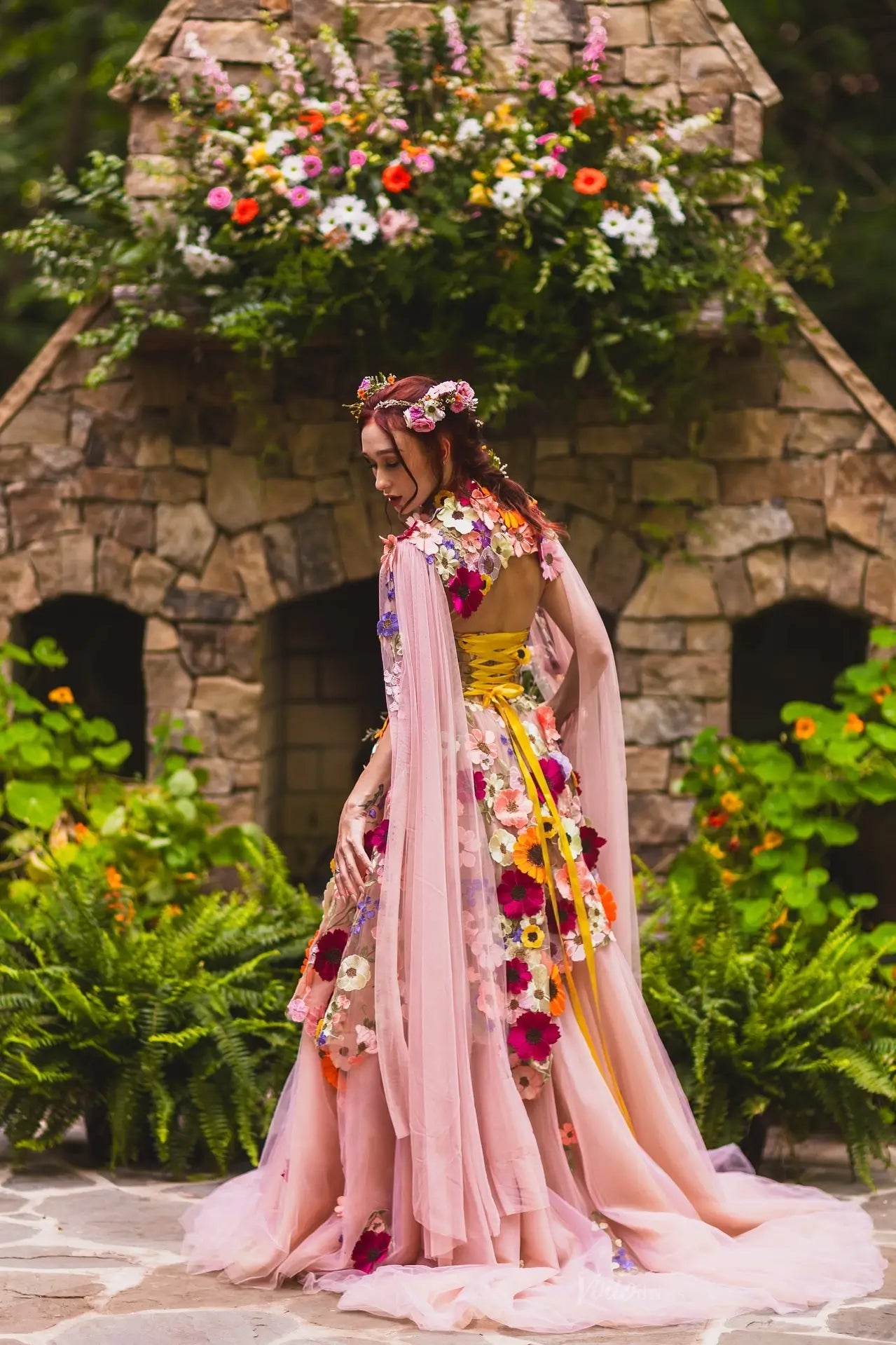 Whimsical 3D Floral Appliqu Blush Tulle Wedding Dress FW137 Viniodress Whimsical 3D Floral Appliqu Blush Tulle Wedding Dress FW137 Viniodress