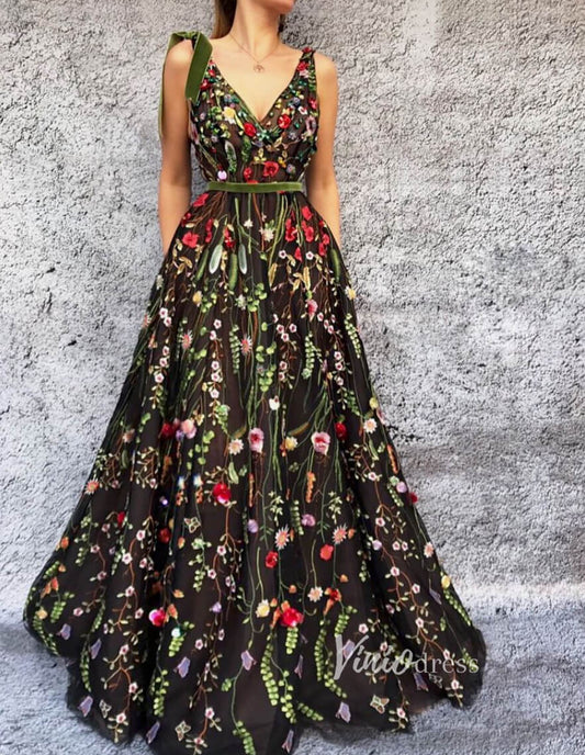 Whimsical Black Floral Wedding Dress | Meadow Embroidered Gown with V-Neck, Green Belt FD2783B-wedding dresses 2025 -Viniodress-Black-Custom Size-