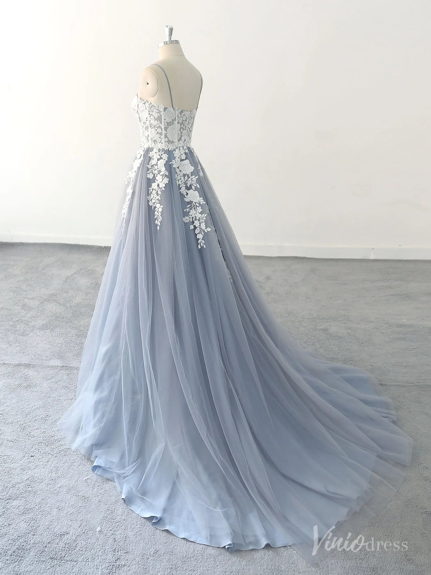 Whimsical Blue Wedding Dress with Sheer Corset Bodice, Floral Lace Appliques, and Flowing Tulle Skirt – FW216-wedding dresses 2025 -Viniodress-Dusty Blue-Custom Size-