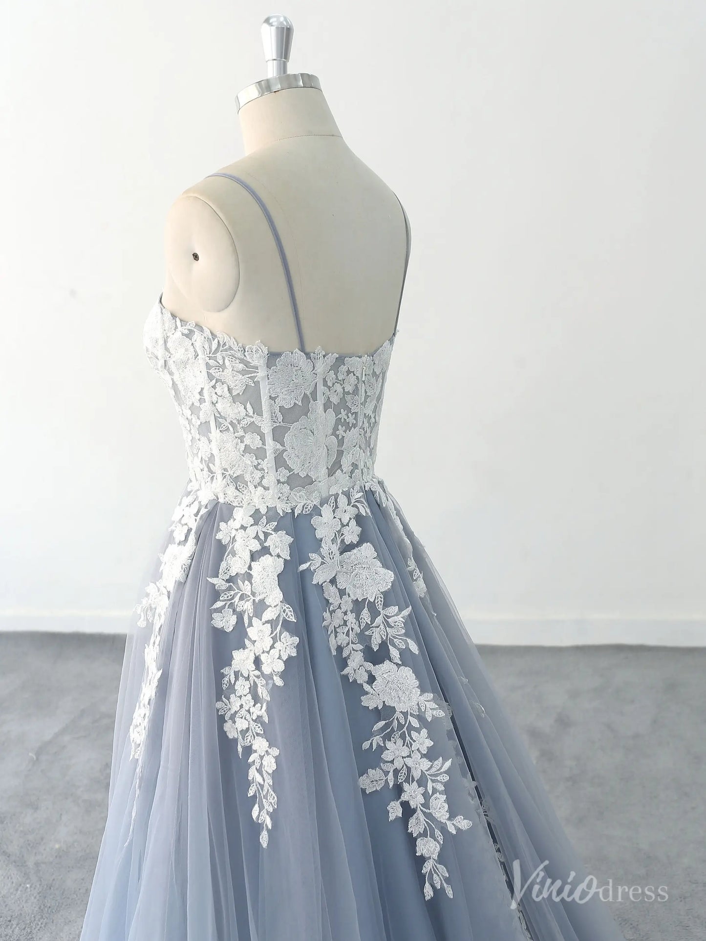 Whimsical Blue Wedding Dress with Sheer Corset Bodice, Floral Lace Appliques, and Flowing Tulle Skirt – FW216-wedding dresses 2025 -Viniodress-Dusty Blue-Custom Size-