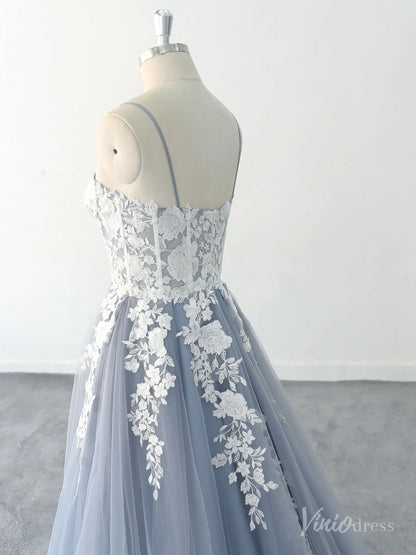 Whimsical Blue Wedding Dress with Sheer Corset Bodice, Floral Lace Appliques, and Flowing Tulle Skirt – FW216-wedding dresses 2025 -Viniodress-Dusty Blue-Custom Size-
