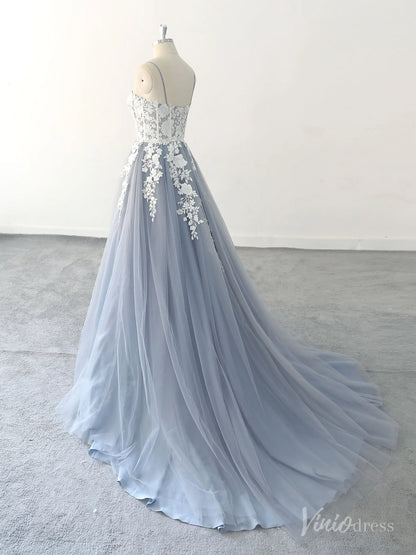 Whimsical Blue Wedding Dress with Sheer Corset Bodice, Floral Lace Appliques, and Flowing Tulle Skirt – FW216-wedding dresses 2025 -Viniodress-Dusty Blue-Custom Size-