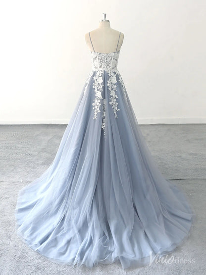 Whimsical Blue Wedding Dress with Sheer Corset Bodice, Floral Lace Appliques, and Flowing Tulle Skirt – FW216-wedding dresses 2025 -Viniodress-Dusty Blue-Custom Size-