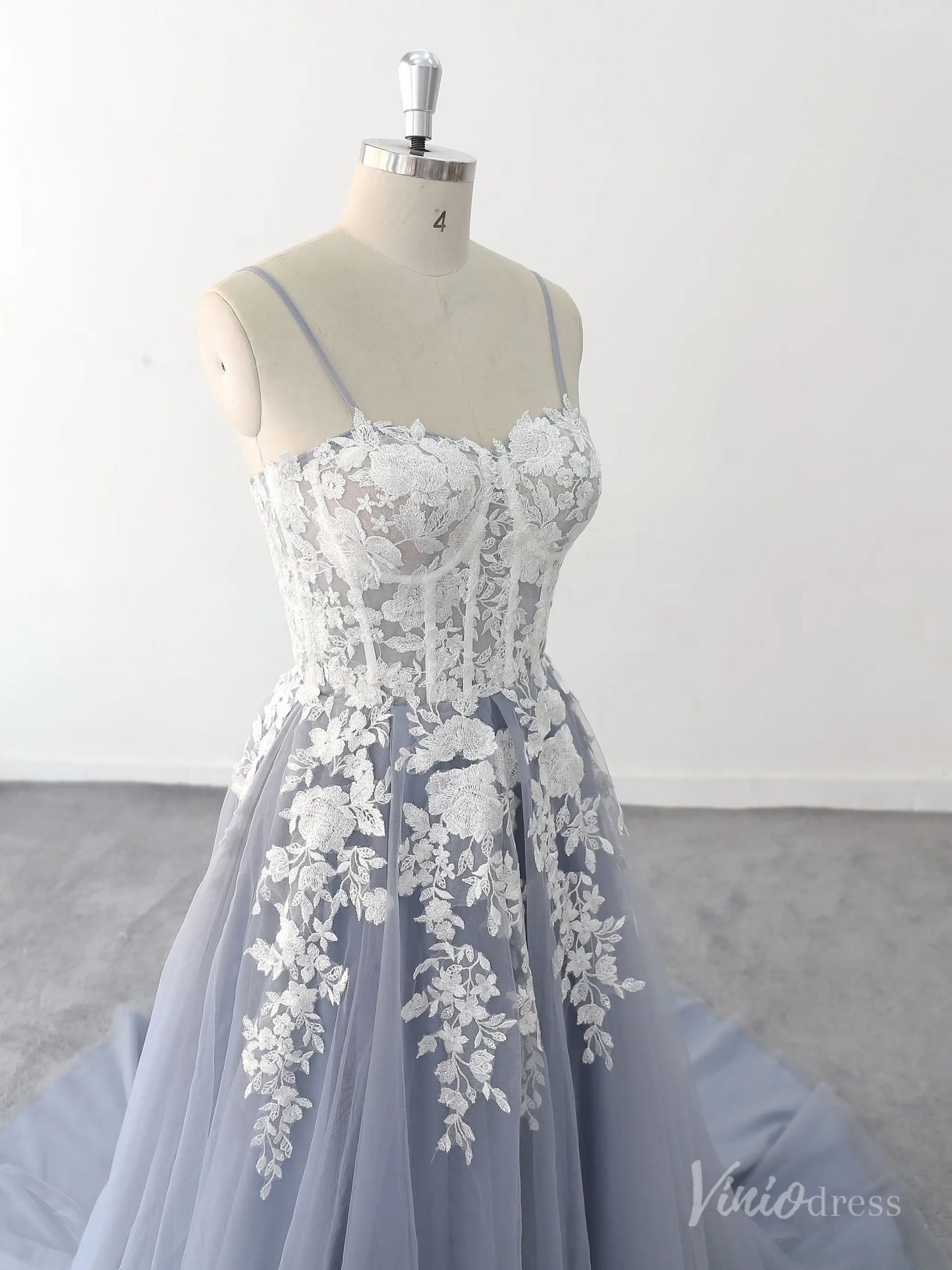Whimsical Blue Wedding Dress with Sheer Corset Bodice, Floral Lace Appliques, and Flowing Tulle Skirt – FW216-wedding dresses 2025 -Viniodress-Dusty Blue-Custom Size-