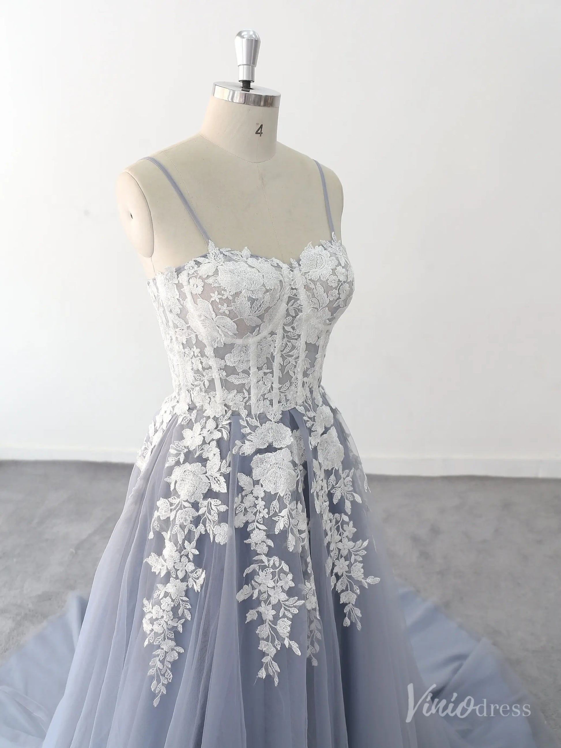 Whimsical Blue Wedding Dress with Sheer Corset Bodice, Floral Lace Appliques, and Flowing Tulle Skirt – FW216-wedding dresses 2025 -Viniodress-Dusty Blue-Custom Size-