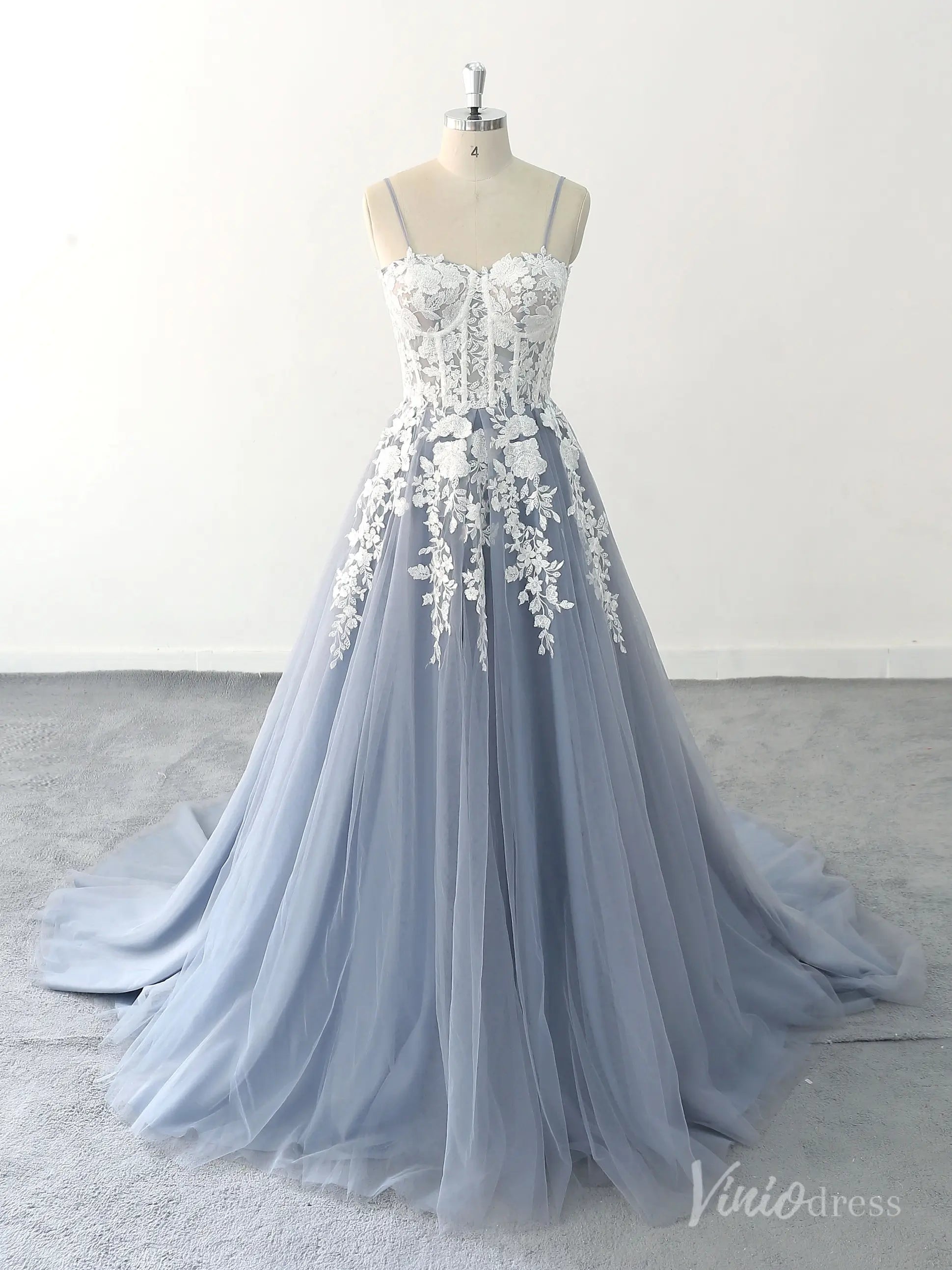 Whimsical Blue Wedding Dress with Sheer Corset Bodice, Floral Lace Appliques, and Flowing Tulle Skirt – FW216-wedding dresses 2025 -Viniodress-Dusty Blue-Custom Size-