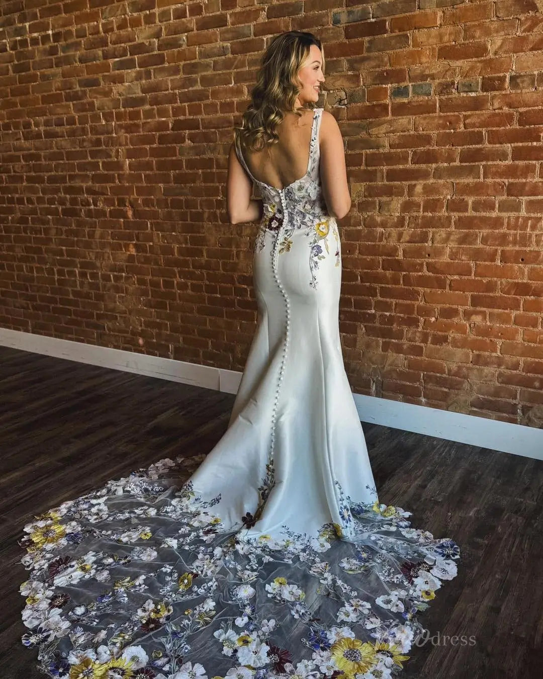 Whimsical Colorful Floral Mermaid Wedding Dress Square Neck FW119-wedding dresses 2025 -Viniodress-Ivory-Custom Size-