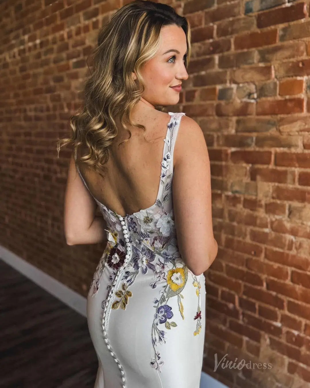 Whimsical Colorful Floral Mermaid Wedding Dress Square Neck FW119-wedding dresses 2025 -Viniodress-Ivory-Custom Size-