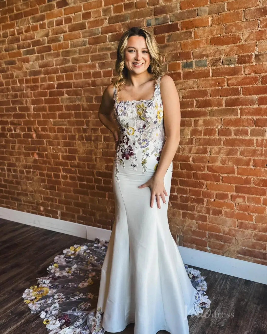 Whimsical Colorful Floral Mermaid Wedding Dress Square Neck FW119-wedding dresses 2025 -Viniodress-Ivory-Custom Size-