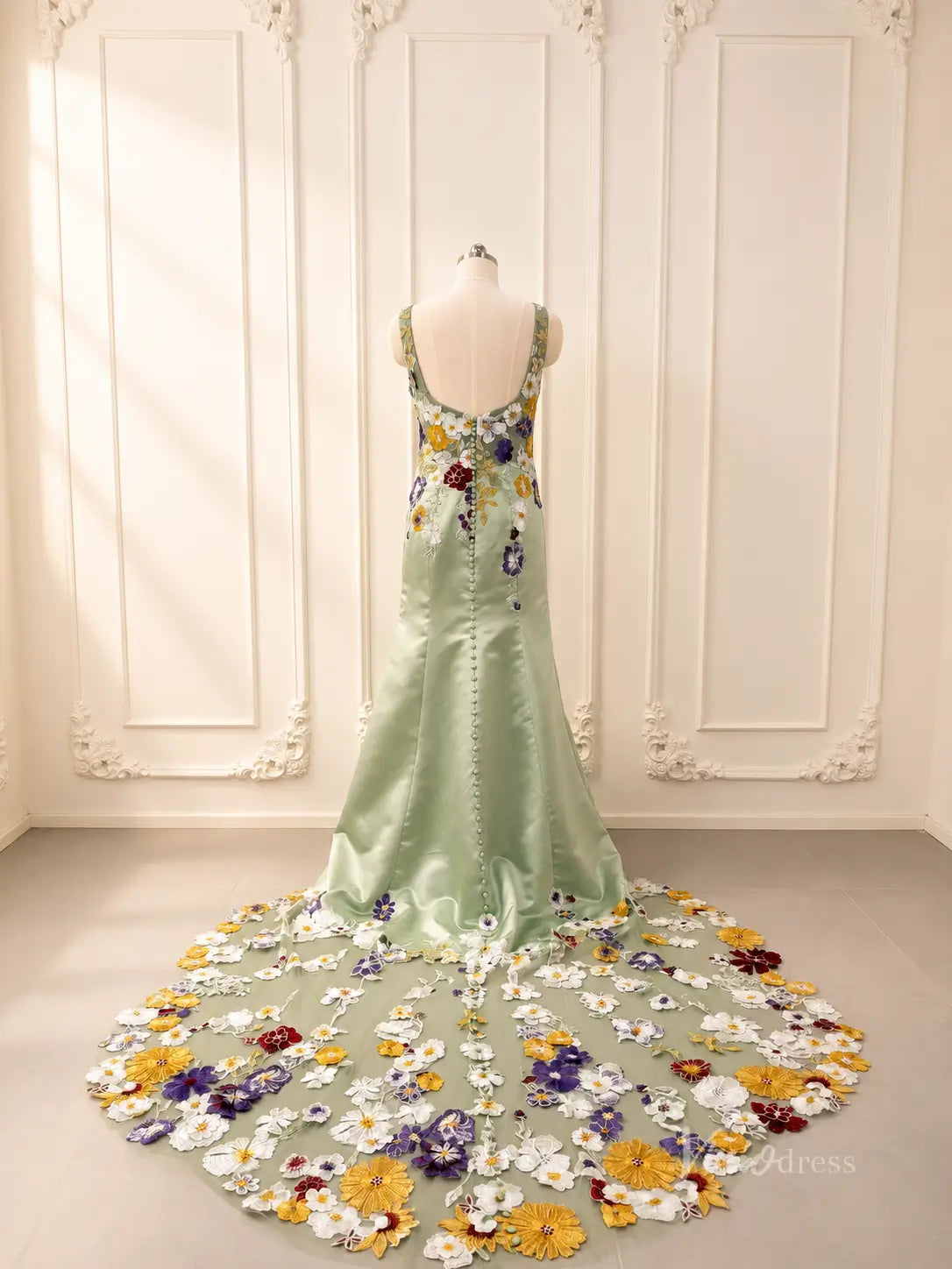 Whimsical Colorful Floral Mermaid Wedding Dress Square Neck FW119-wedding dresses 2026-Viniodress-Sage-Custom Size – Add Measurements in Cart-