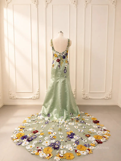 Whimsical Colorful Floral Mermaid Wedding Dress Square Neck FW119-wedding dresses 2026-Viniodress-Sage-Custom Size – Add Measurements in Cart-