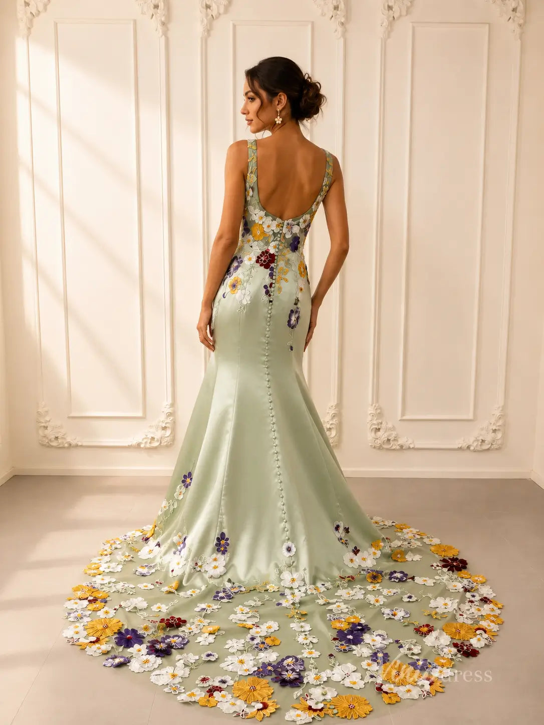 Whimsical Colorful Floral Mermaid Wedding Dress Square Neck FW119-wedding dresses 2026-Viniodress-Sage-Custom Size – Add Measurements in Cart-