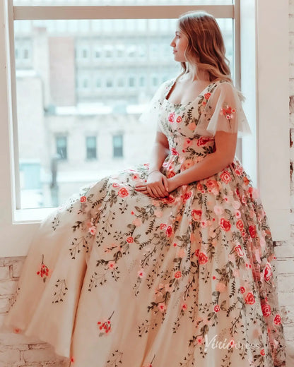 Whimsical Floral Embroidered Ball Gown with Flutter Sleeves and Scoop Neck – FW215-prom dresses 2025 -Viniodress-Champagne-Custom Size-
