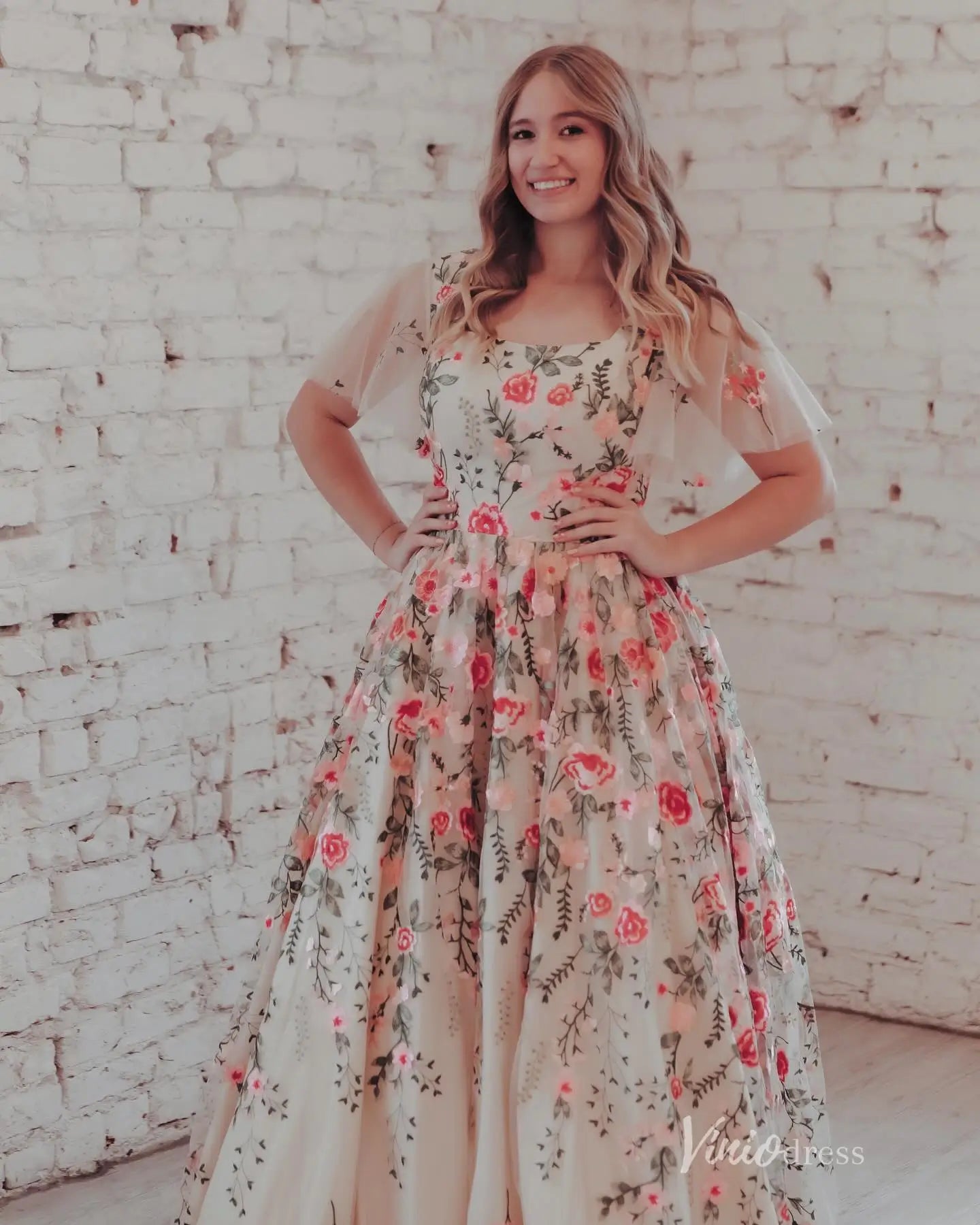 Whimsical Floral Embroidered Ball Gown with Flutter Sleeves and Scoop Neck – FW215-prom dresses 2025 -Viniodress-Champagne-Custom Size-