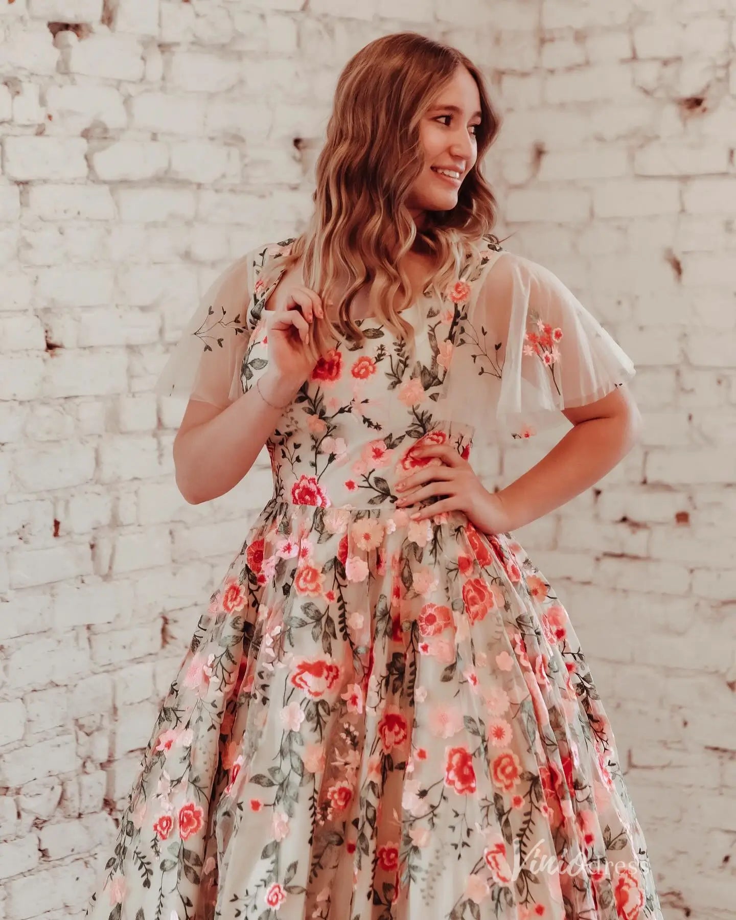 Whimsical Floral Embroidered Ball Gown with Flutter Sleeves FW215 Viniodress Whimsical Floral Embroidered Ball Gown with Flutter Sleeves FW215 Viniodress