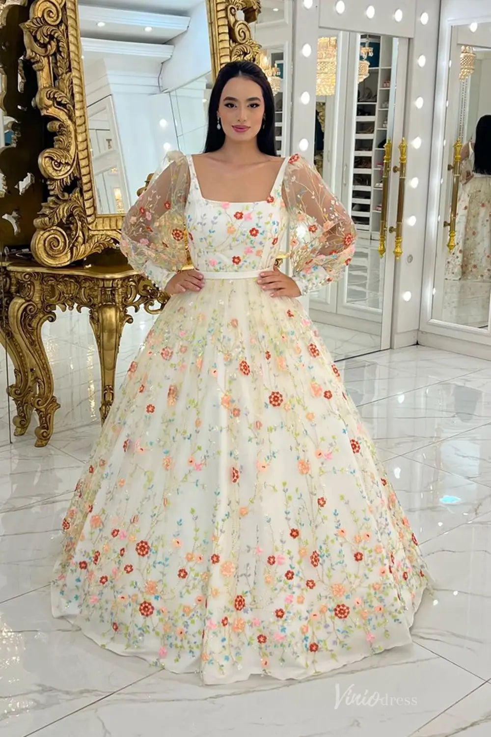 Whimsical Floral Embroidered Ball Gown with Sheer Puff Sleeves & Square Neckline – FW255-wedding dresses 2025 -Viniodress-Champagne-Custom Size-Puff Sleeve