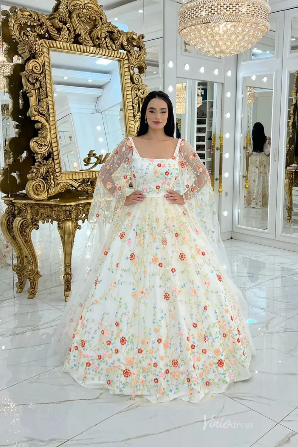 Whimsical Floral Embroidered Ball Gown with Sheer Puff Sleeves & Square Neckline – FW255-wedding dresses 2025 -Viniodress-Champagne-Custom Size-Puff Sleeve