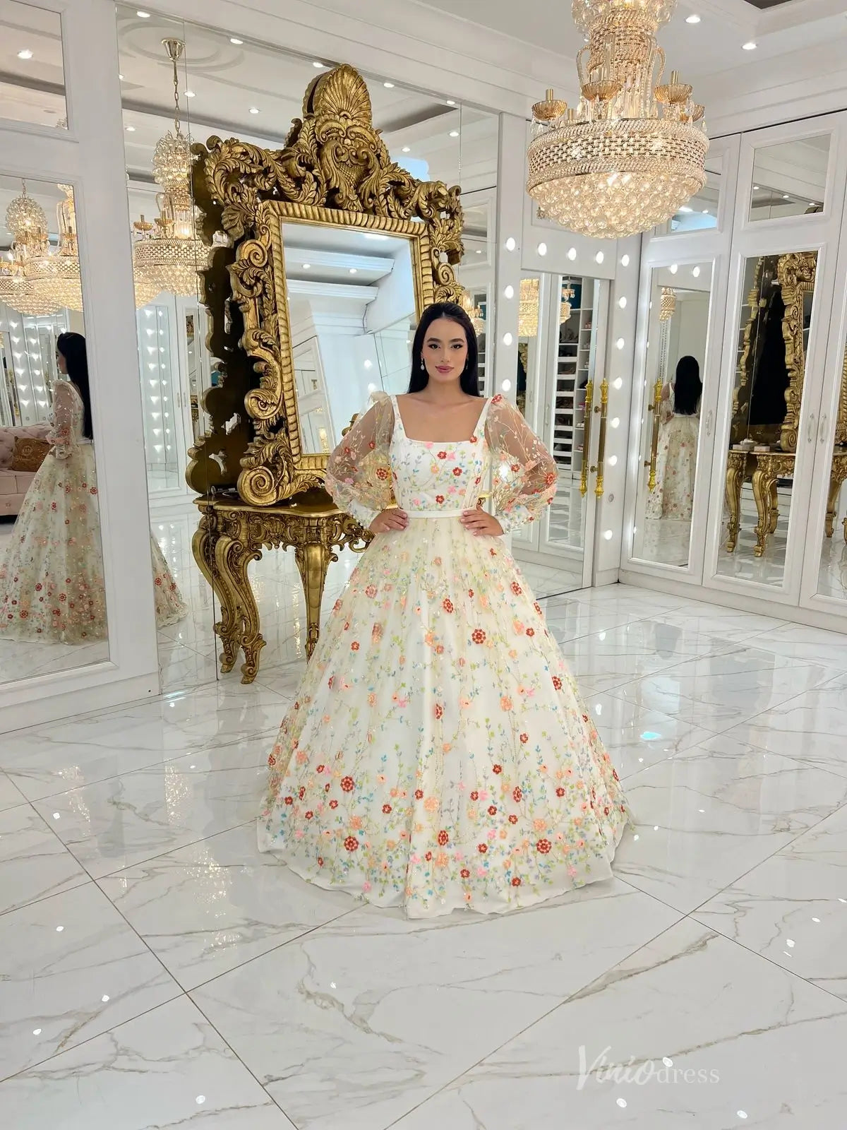 Whimsical Floral Embroidered Ball Gown with Sheer Puff Sleeves & Square Neckline – FW255-wedding dresses 2025 -Viniodress-Champagne-Custom Size-Puff Sleeve