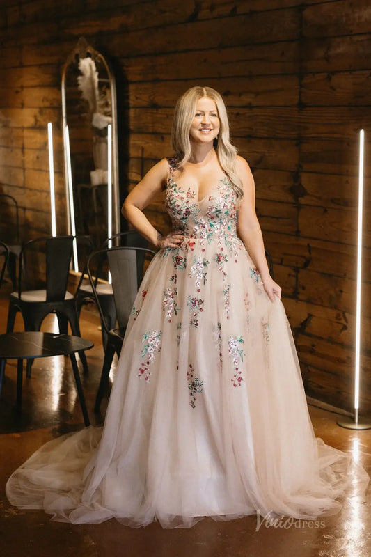 Whimsical Floral Tulle Wedding Dress | V-Neck Gown with Corset Back, Colorful Embroidery FW144-wedding dresses 2025 -Viniodress-Taupe-Custom Size-