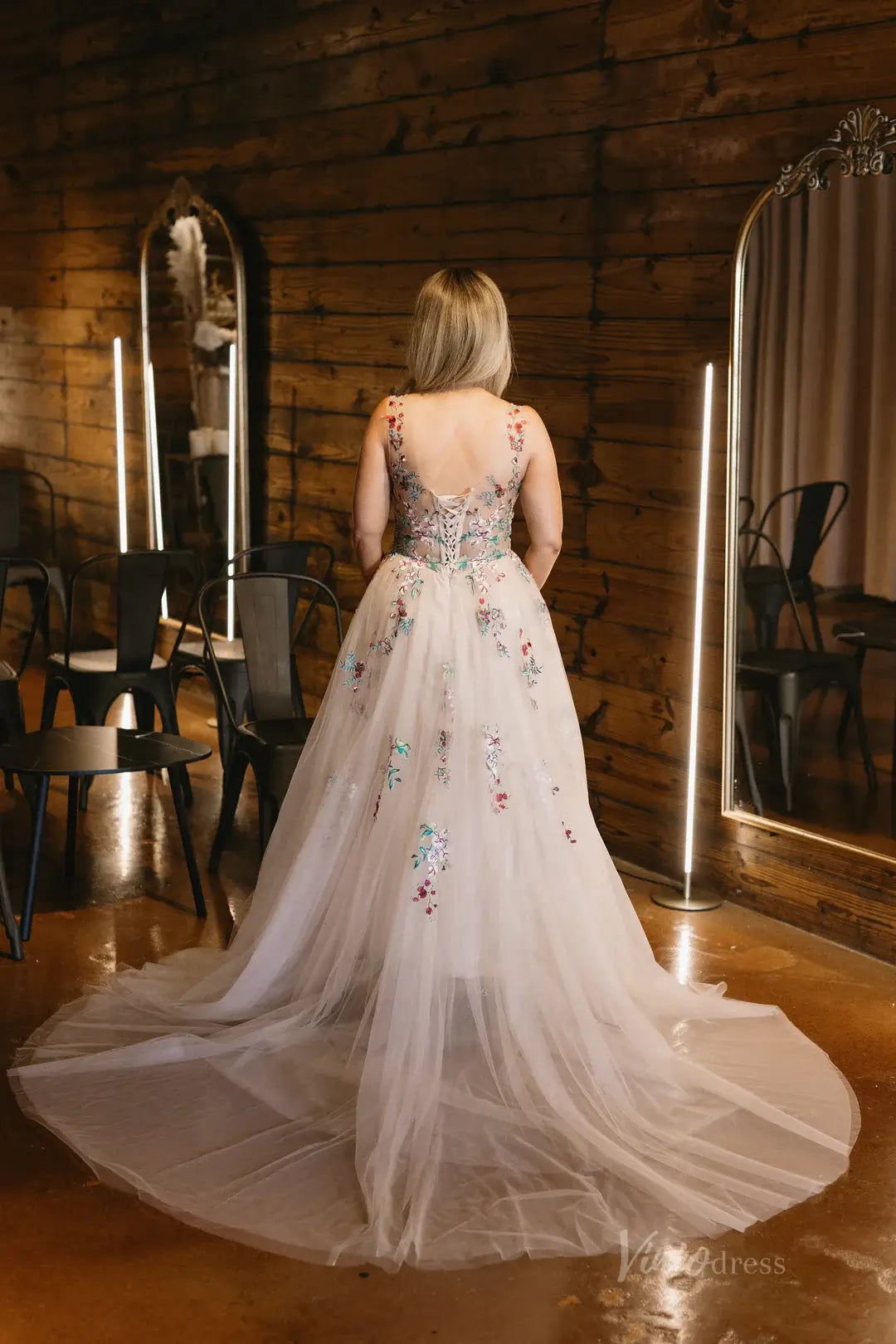 Whimsical Floral Tulle Wedding Dress | V-Neck Gown with Corset Back, Colorful Embroidery FW144-wedding dresses 2025 -Viniodress-Taupe-Custom Size-