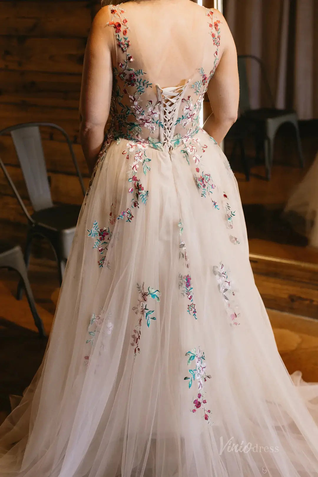 Whimsical Floral Tulle Wedding Dress | V-Neck Gown with Corset Back, Colorful Embroidery FW144-wedding dresses 2025 -Viniodress-Taupe-Custom Size-