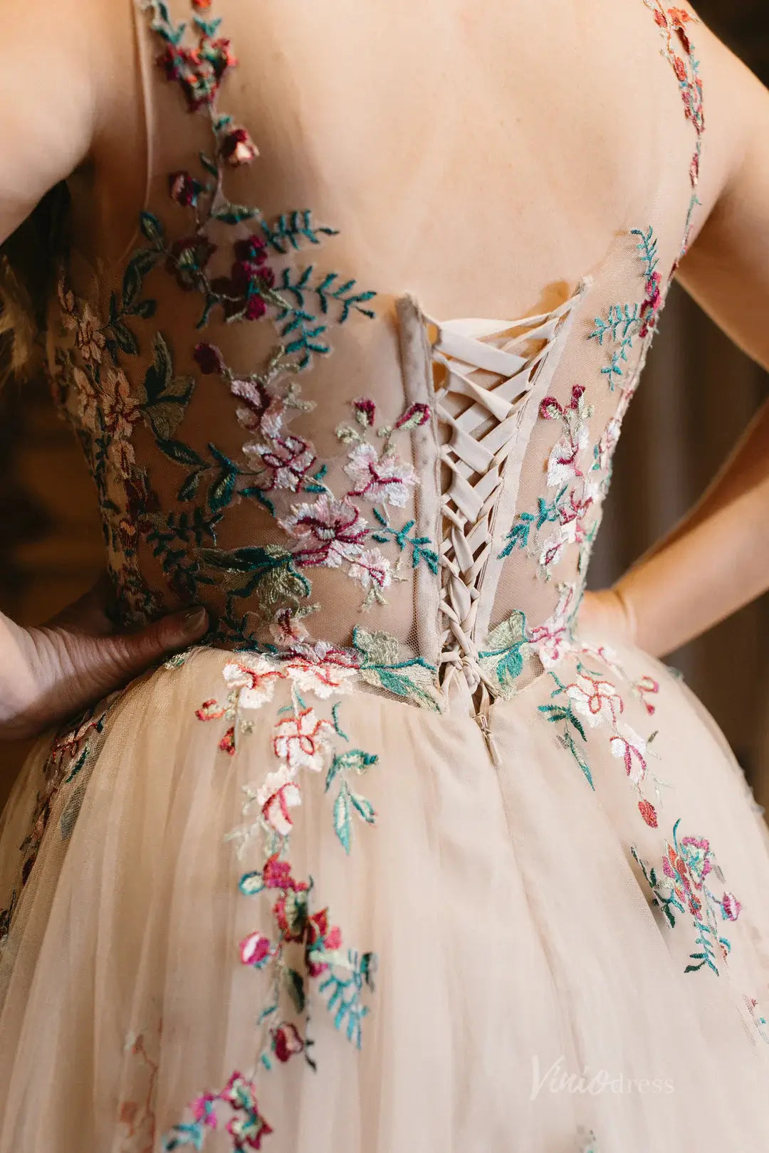 Whimsical Floral Tulle Wedding Dress | V-Neck Gown with Corset Back, Colorful Embroidery FW144-wedding dresses 2025 -Viniodress-Taupe-Custom Size-