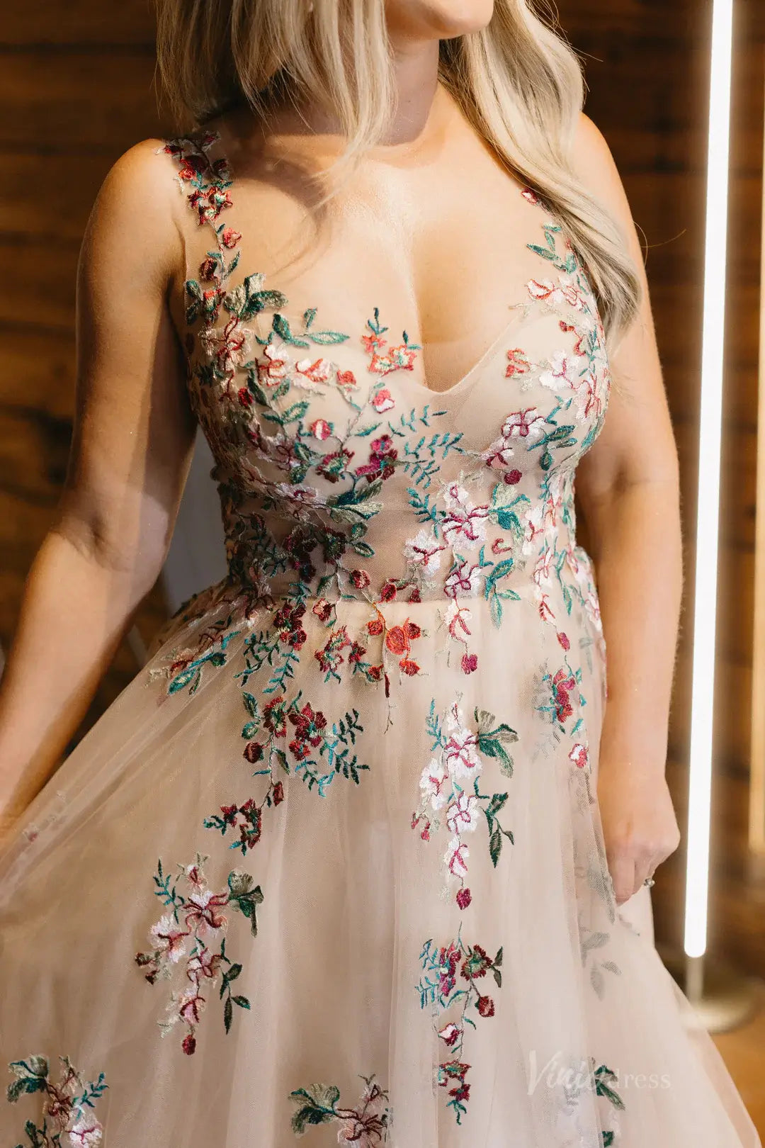 Whimsical Floral Tulle Wedding Dress | V-Neck Gown with Corset Back, Colorful Embroidery FW144-wedding dresses 2025 -Viniodress-Taupe-Custom Size-