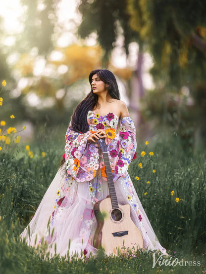 Whimsical Floral Tulle Wedding Dress with Puffy Sleeves and Sweetheart Neckline FW164-wedding dresses 2025 -Viniodress-Champagne-Custom Size-