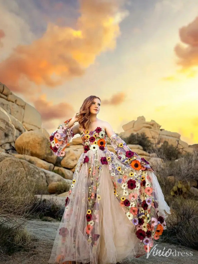 Whimsical Floral Tulle Wedding Dress with Puffy Sleeves and Sweetheart Neckline FW164-wedding dresses 2025 -Viniodress-Champagne-Custom Size-