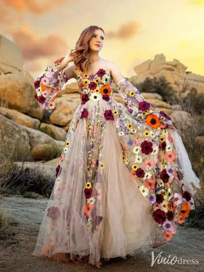 Whimsical Floral Tulle Wedding Dress with Puffy Sleeves and Sweetheart Neckline FW164-wedding dresses 2025 -Viniodress-Champagne-Custom Size-